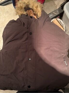 Jack and Jones Brown Hooded Puffer Coat with Faux Fur Trim